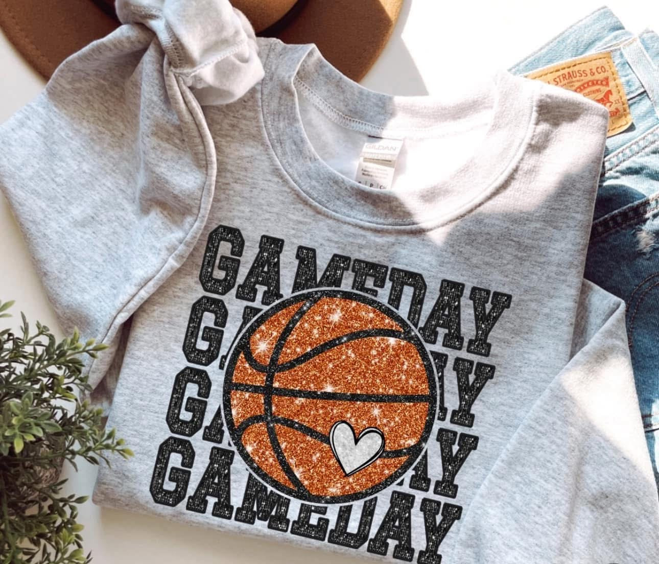Game Day Faux Glitter Basketball Sweatshirt - Ash - Read Description