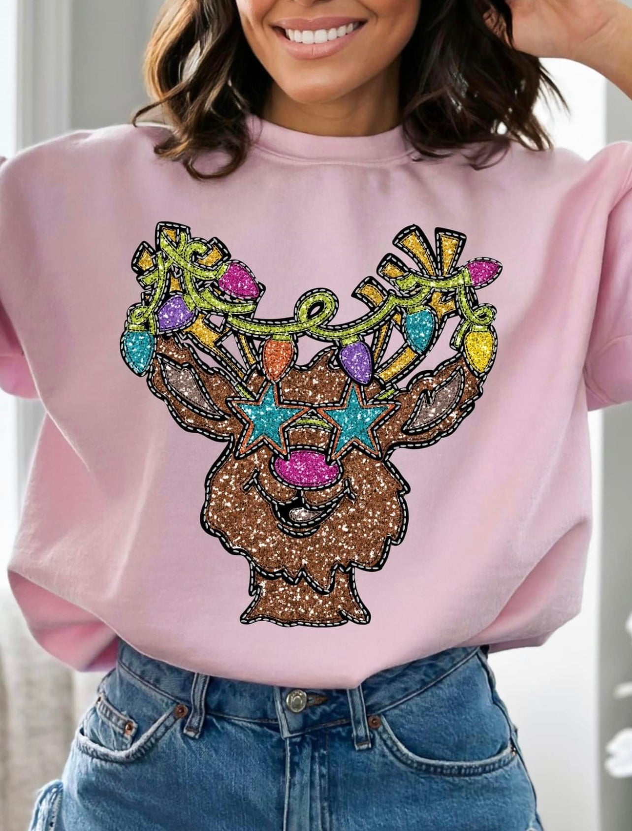 Faux Sequins DTF Deer SweatShirt