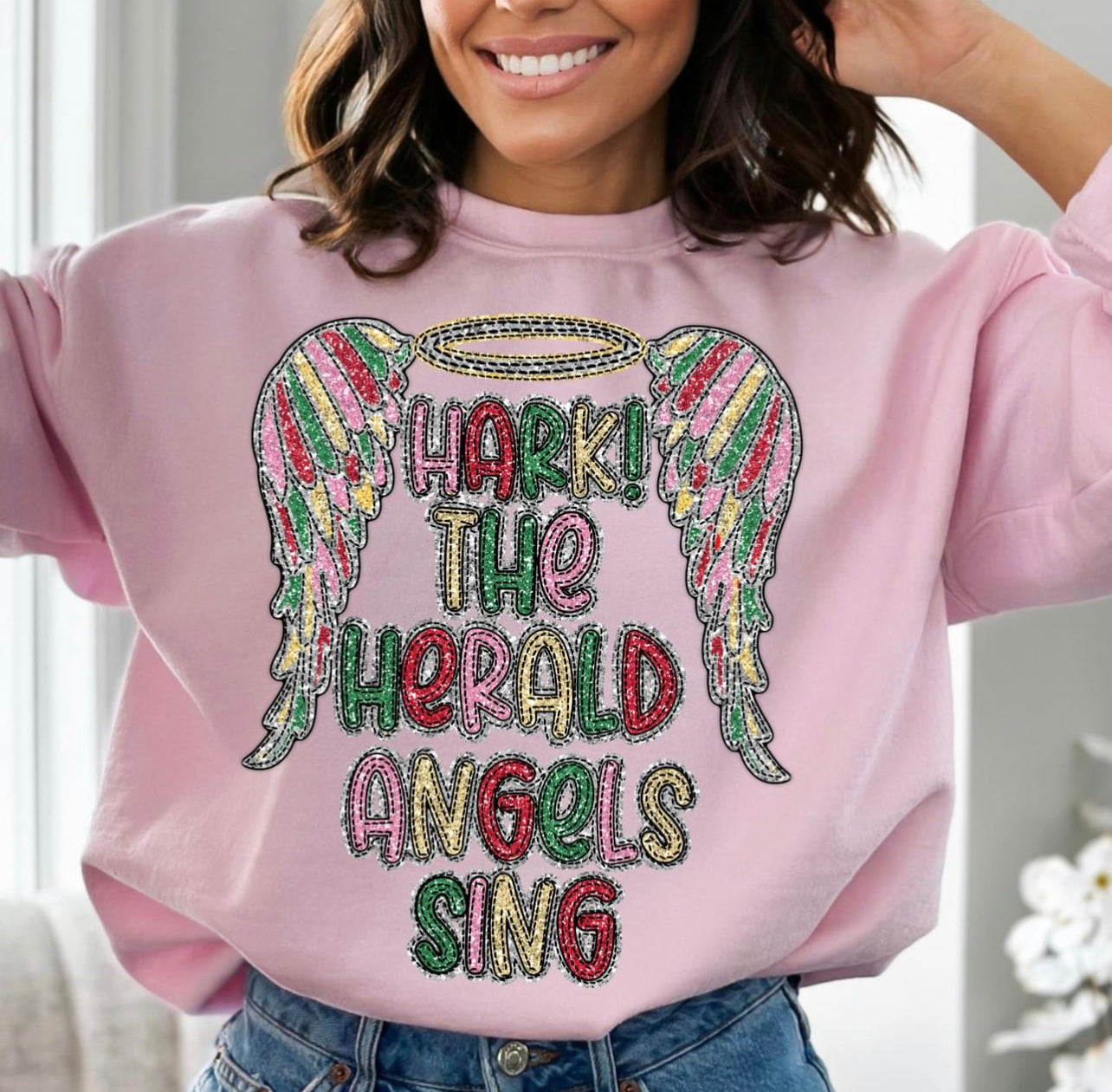 Faux Sequins DTF Hark the Herald Angels Sing SweatShirt