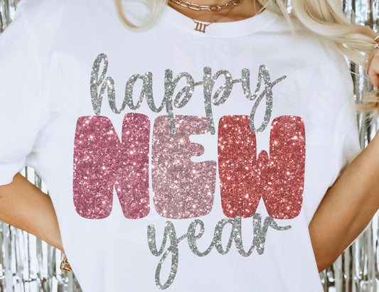 DTF Faux Sparkle Pinks HNY Sweatshirt White