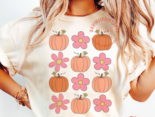 Graphic Tee - Comfort Color DTF - PUMPKIN Retro DAISIES