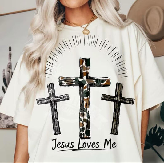 Jesus Loves Me Camo Crosses Comfort Color DTF - TShirt