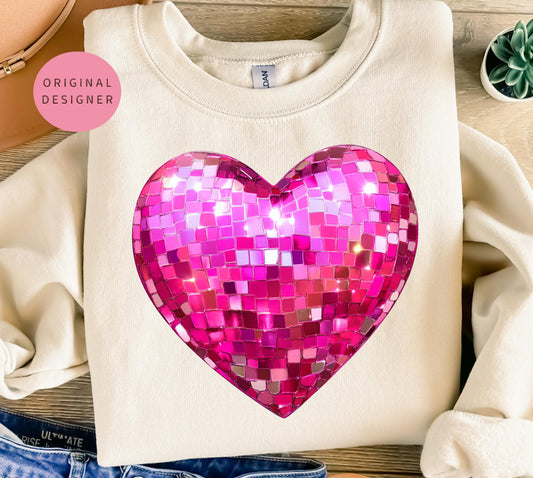 Graphic T Pink Disco Heart - Comfort Color Shirt DTF On Ivory -