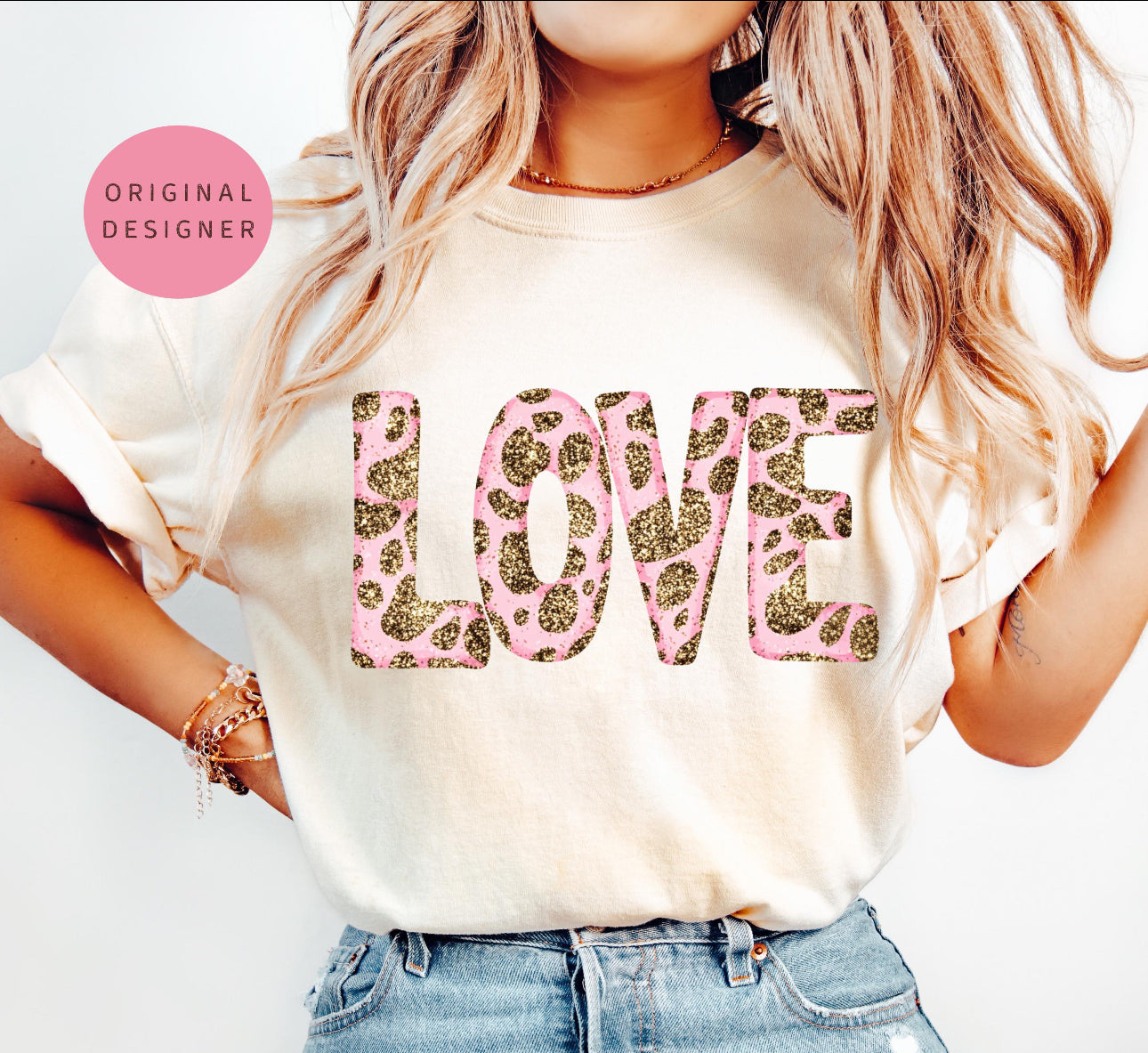 Graphic T Light Pink Leopard Love - Comfort Color Shirt DTF On Ivory -