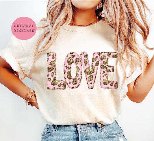Graphic T Light Pink Leopard Love - Comfort Color Shirt DTF On Ivory -