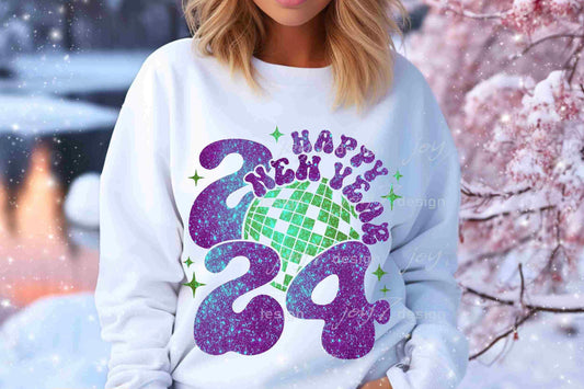 DTF Faux Sparkle Sweatshirt White HNY Purple 2024