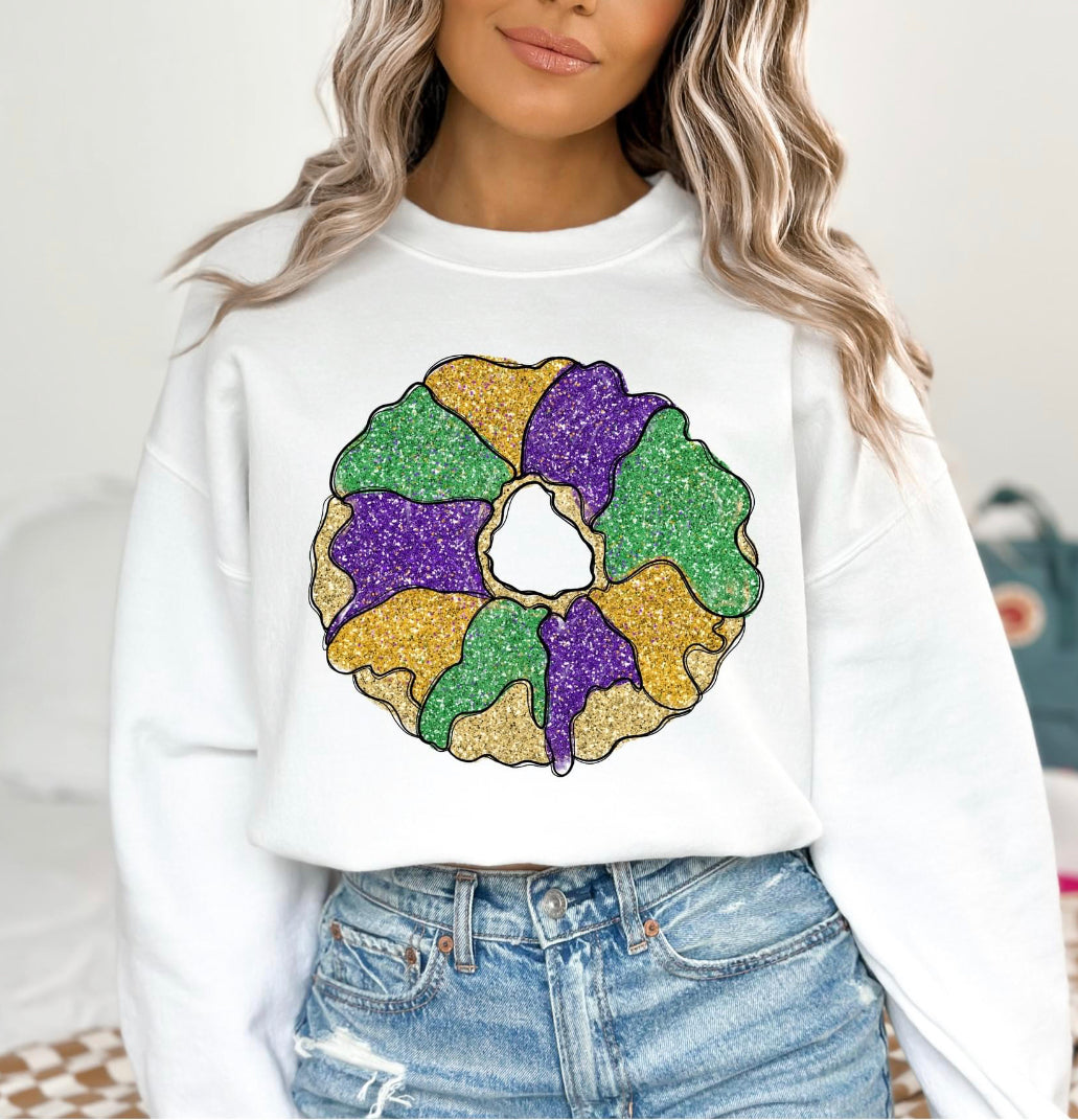 DTF Faux Sparkle - Mardi Gras King Cake White Sweatshirt