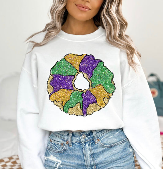 DTF Faux Sparkle - Mardi Gras King Cake White Sweatshirt