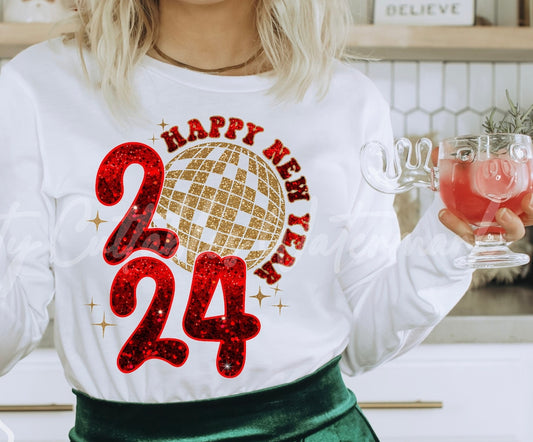 DTF Faux Sparkle Sweatshirt White HNY Red