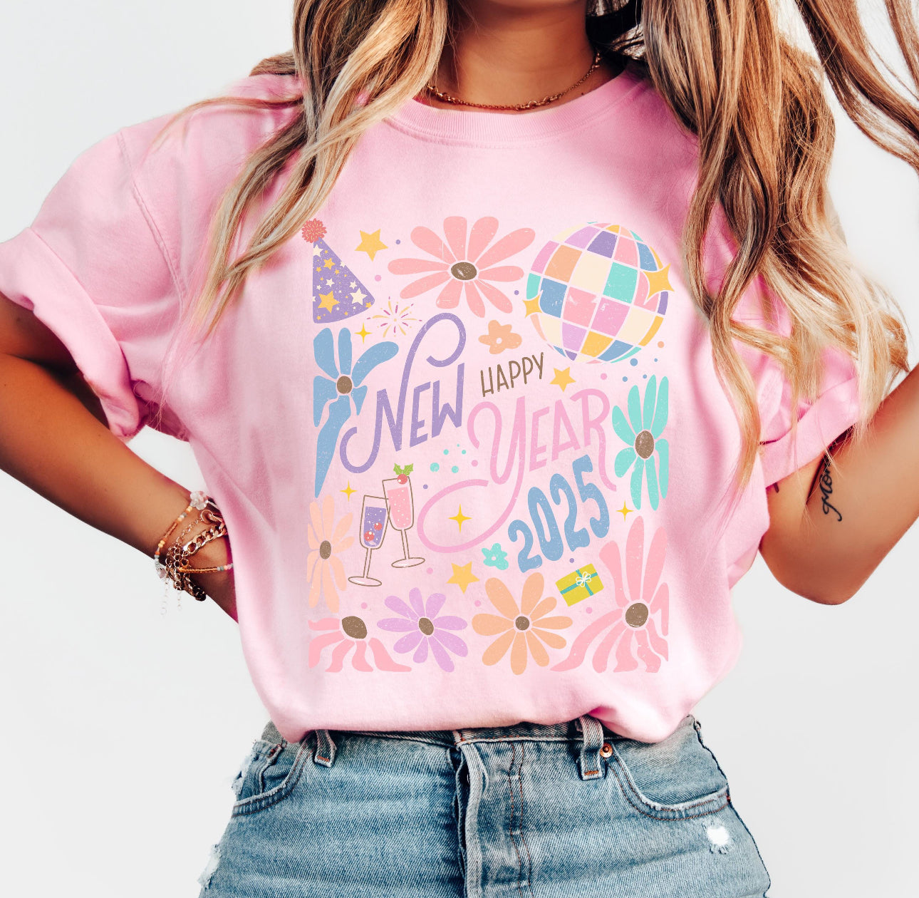 Graphic T- 2025 New Year Pastel - Comfort Color DTF - Pink Shirt