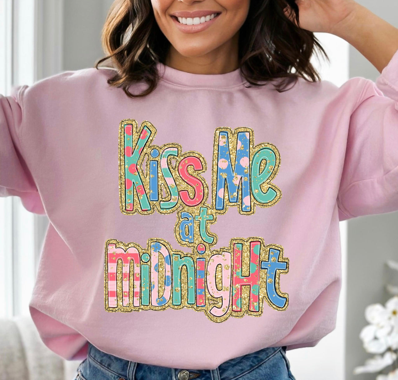 DTF Faux Sparkle Kiss Me AT…. Pink