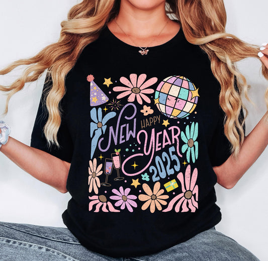 Graphic T- 2025 New Year Pastel - Comfort Color DTF - Black Shirt