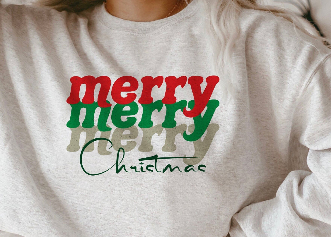 Merry Merry Merry Christmas Sweatshirt on Ash